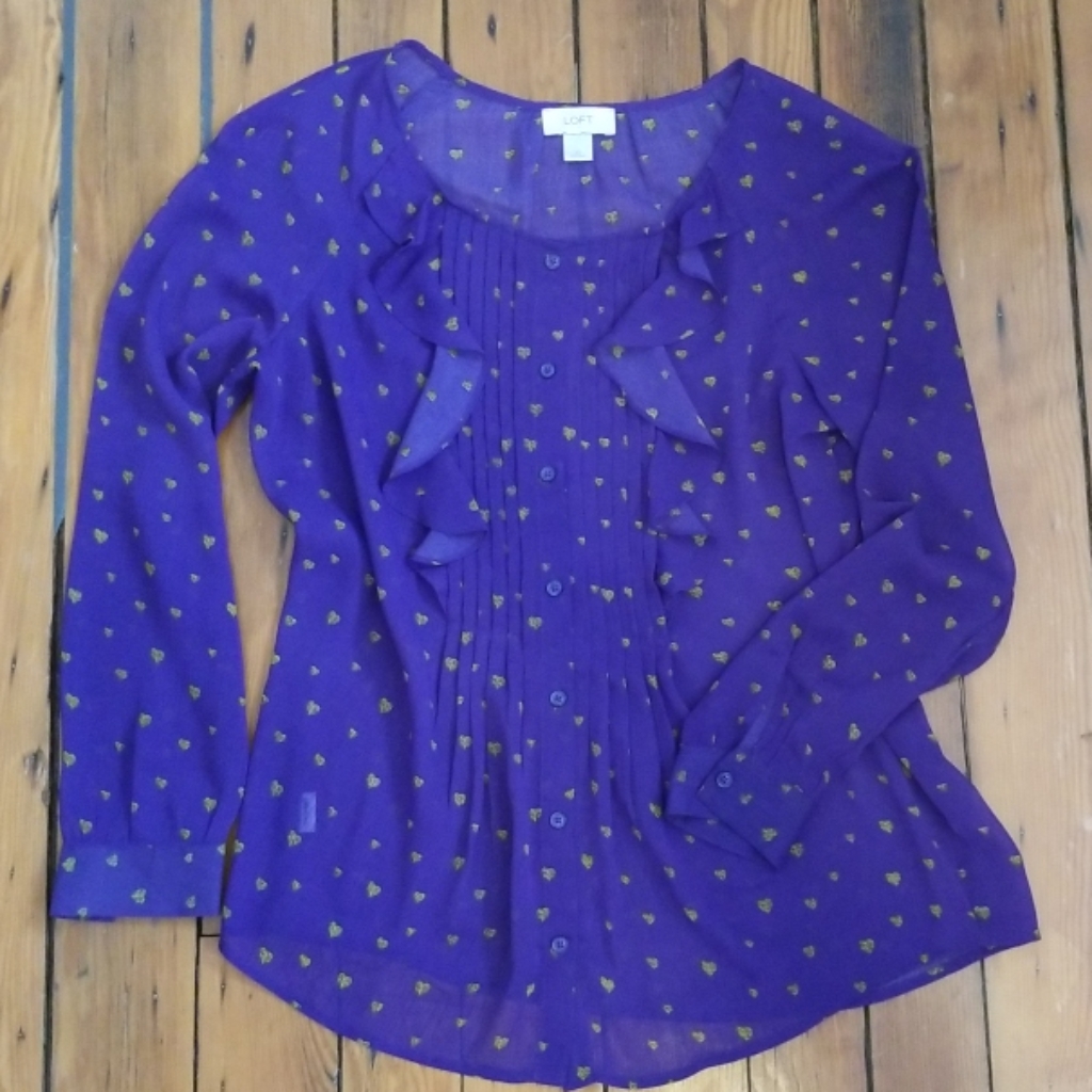 Heart Pattern, Button Down, Ruffle Blouse.